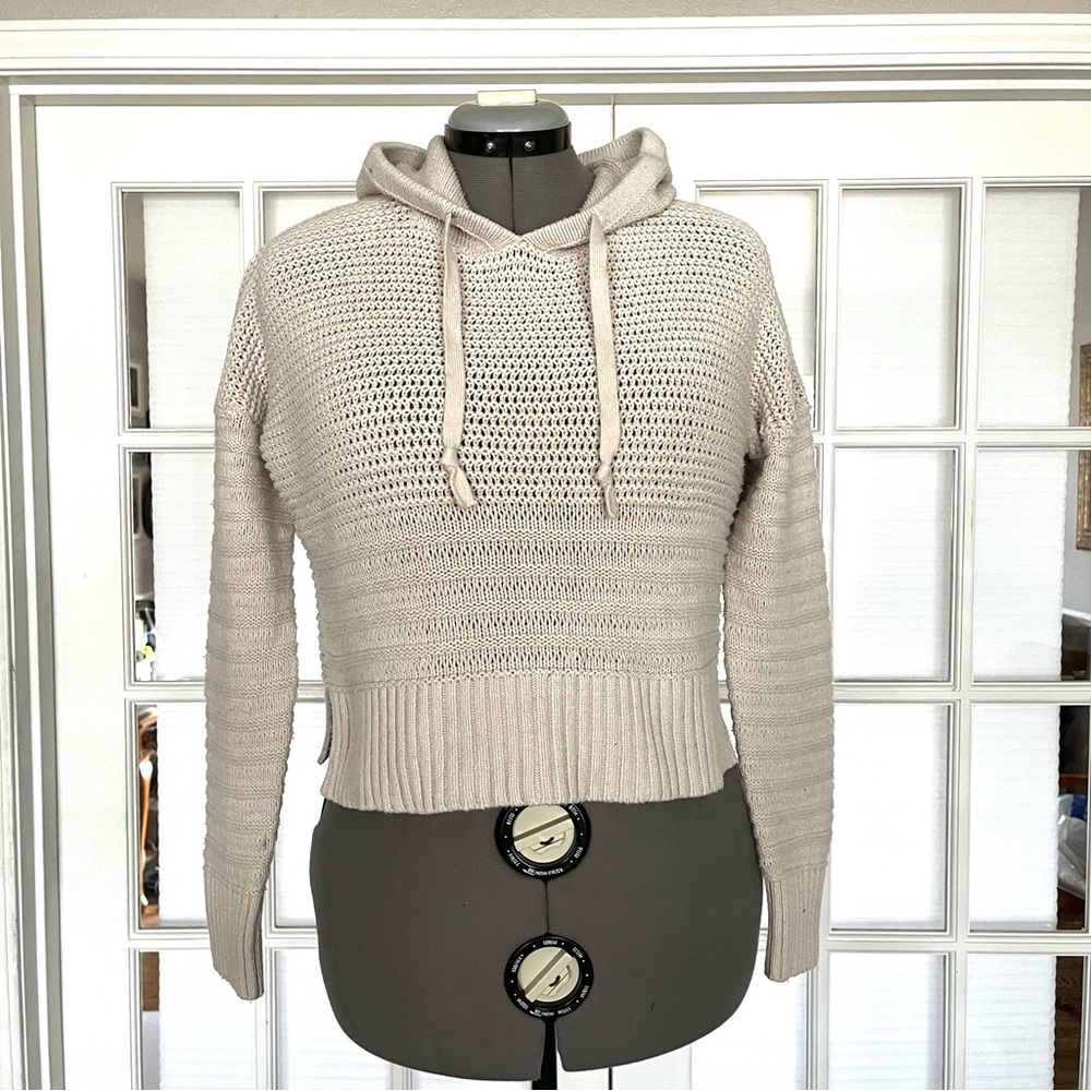 Aeropostale Knit Cropped Hooded Sweater Cream Womens Sz Medium Boho